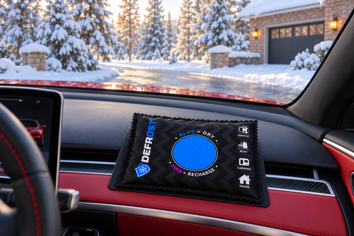 DEFROST pouch on a dashboard overlooking a snowy driveway