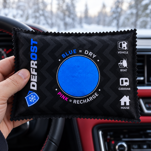 DEFROST reusable dehumidifier bag with blue moisture indicator inside a car