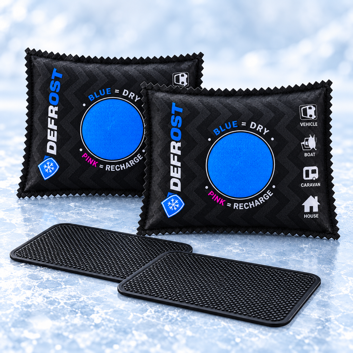 DEFROST bundle with two dehumidifier bags and two dashboard mats
