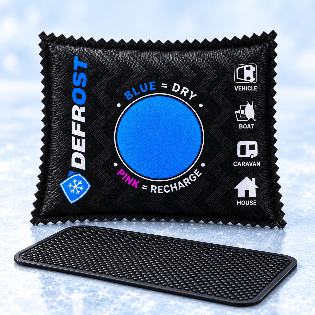 DEFROST single bundle with one reusable dehumidifier bag and one dashboard mat